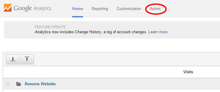 Screenshot from Google Analytics highlighting the Admin button