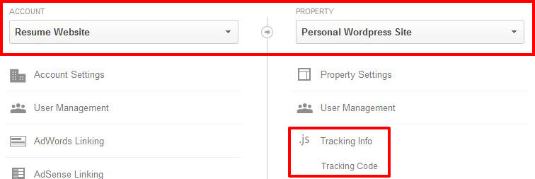 Screenshot highlighting the location of the tracking snippet in the menu