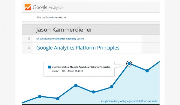 Certificate reading "This certificate is awarded to Jason Kammerdiener for completing the Analytics Academy course Google Analytics Platform Principles"