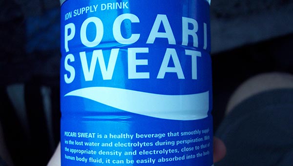 Bottle reading: Pocari Sweat is a healthy beverage that smoothly supplies the lost water and electrolytes during perspiration. With the appropriate density and electrolytes, close to that of human body fluid, it can be easily absorbed into the body.
