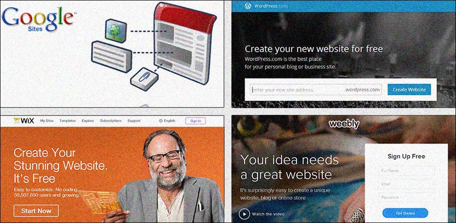 Screenshots from the homepages of several top site-building tools