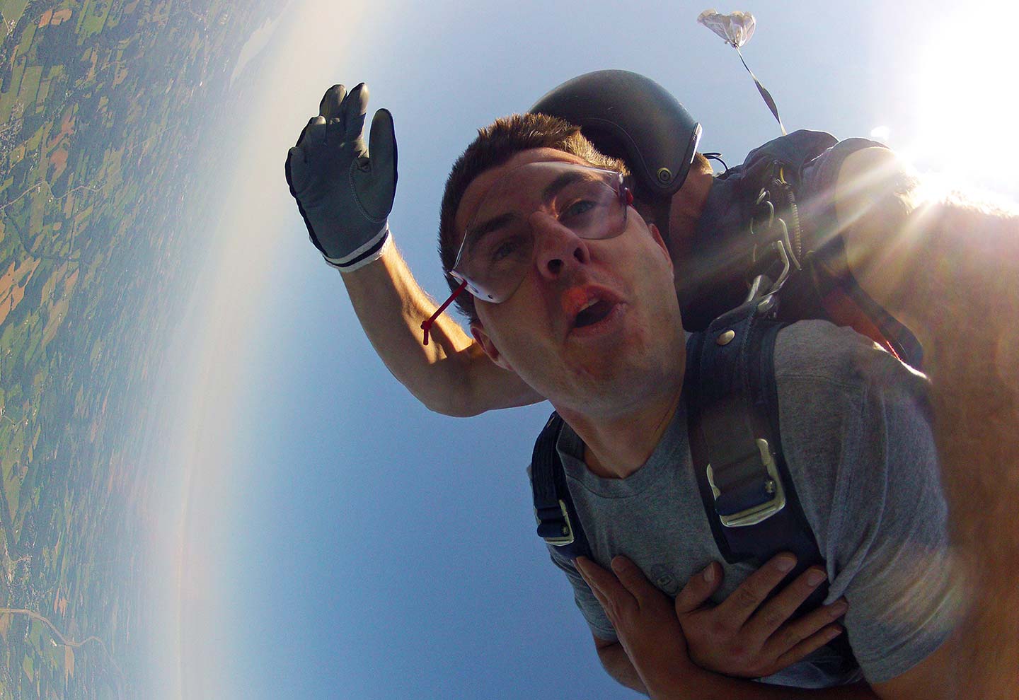 Jason in free fall while tandem skydiving with Skydive CNY