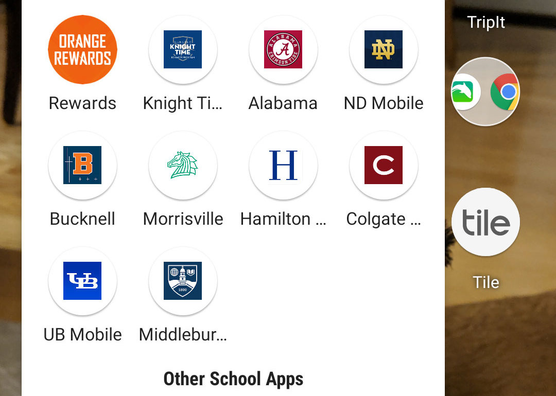 Screenshot of several college and university mobile apps on a smartphone home screen
