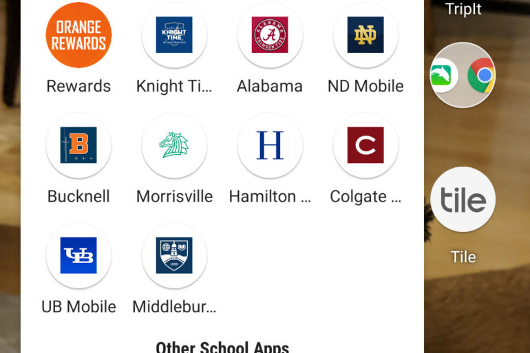 Screenshot of several college and university mobile apps on a smartphone home screen